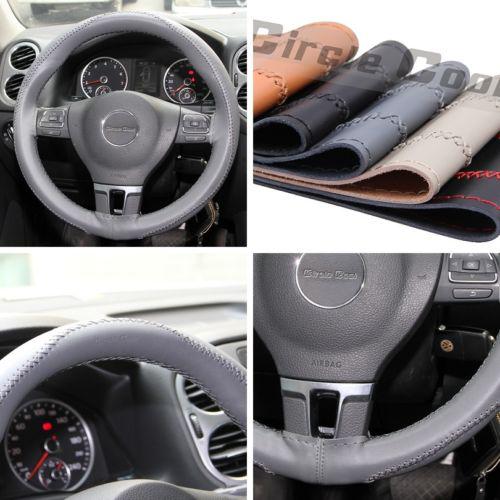 14"-15" 38cm chevrolet 43006 leather wrap car steering wheel cover grey thread 