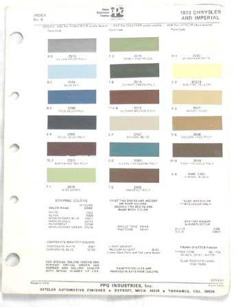 1973 chrysler and imperial ppg  color paint chip chart all models 