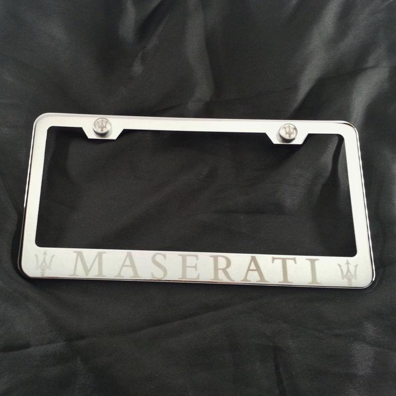 Maserati chrome stainless steel license plate frame + screw + cap laser engrave