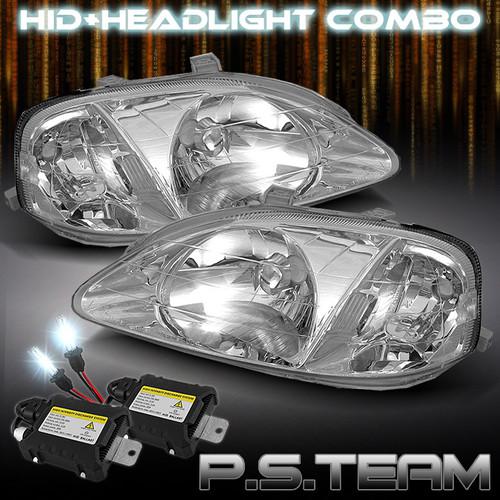 99-00 honda civic jdm chrome clear crystal headlights+6000k slim ballast hid kit