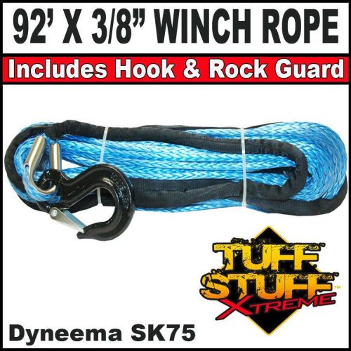 Blue 92&#039; x 3/8&#034; synthetic dyneema winch rope cable with black hook &amp; rock guard