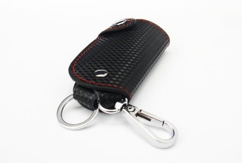 Carbon fiber twill leather remote smart key chain keyless holder bmw red stitch