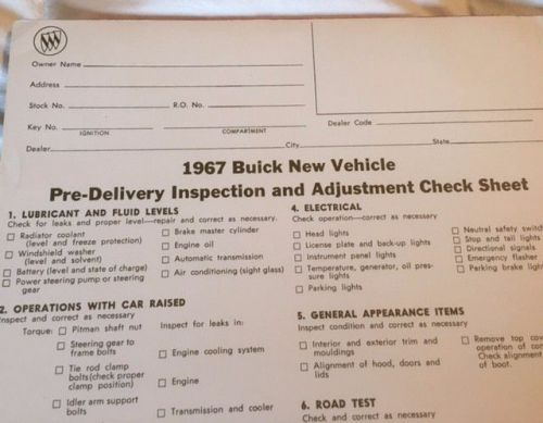 1967 buick new vehicle pre delievery insepction &amp; adjustment check sheet