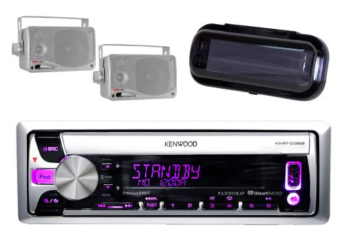 New boat radio kmr-d358 cd radio aux w/ pair of silver box speakers, splashcover