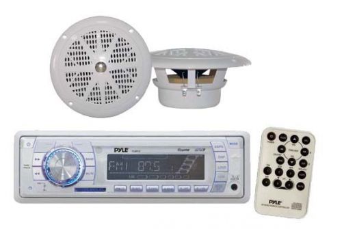 Pyle new marine boat mp3 usb sd aux radio media receiver 4&#034; round speakers white