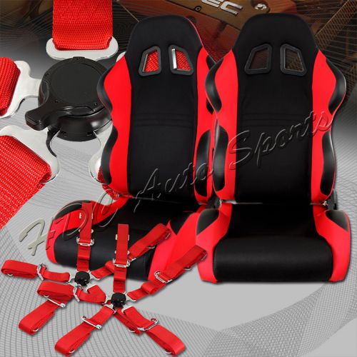 Type-7 black / red fully cloth racing seats + 5-point red seat belt universal 5
