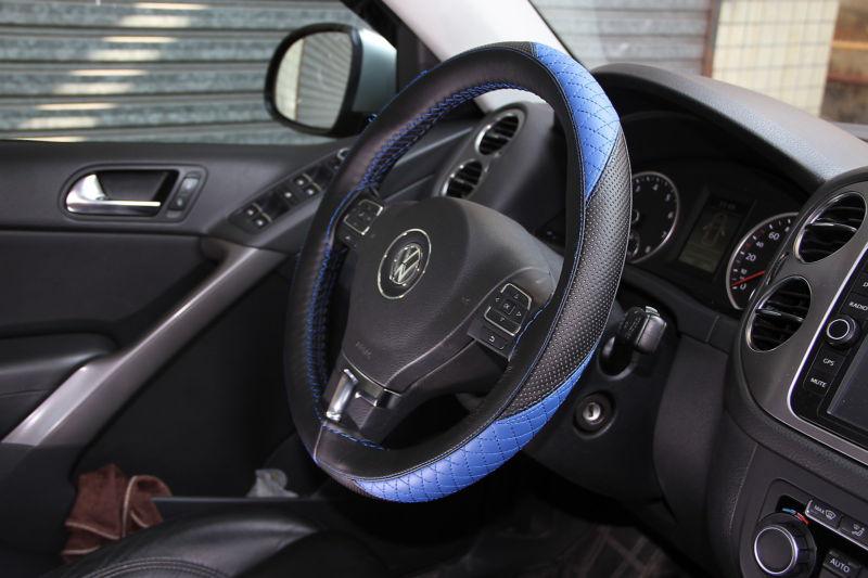 Acura audi black + blue pvc leather steering wheel wrap cover needle thread diy