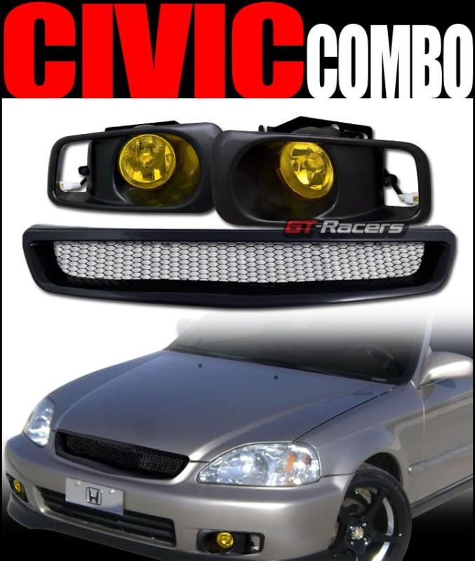 Blk t-r aluminum mesh front grill grille+bumper fog light yellow 1999-2000 civic