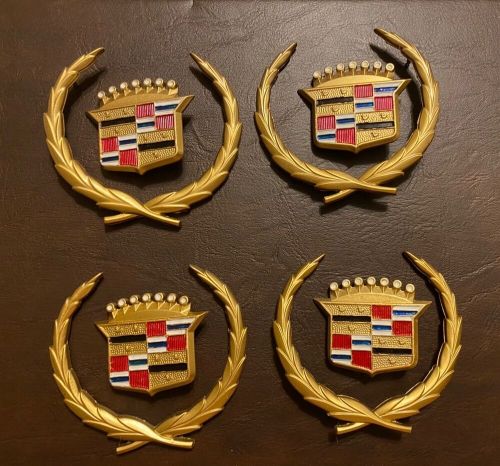 1974 thru 78 cadillac eldorado gold wheel cover emblem set - 4 crests, 4 wreaths