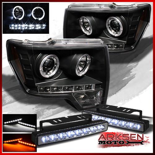 White/amber led bumper fog+09-13 ford f-150 halo led black projector headlights