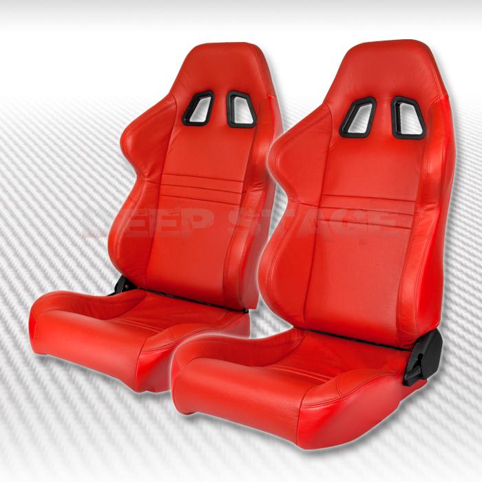 Type-1 red 100% real leather fully reclinable sport racing seats pair+sliders