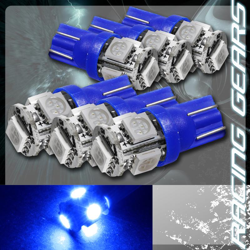 6x blue smd 5 led 12v t10 wedge light bulb interior license plate / side marker