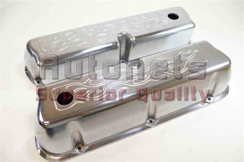 Sbf polished flamed aluminum valve cover 289-302-351w 5.0l mustang hot rat rod