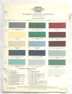 1952  oldsmobile r-m  color paint chip chart all models original 