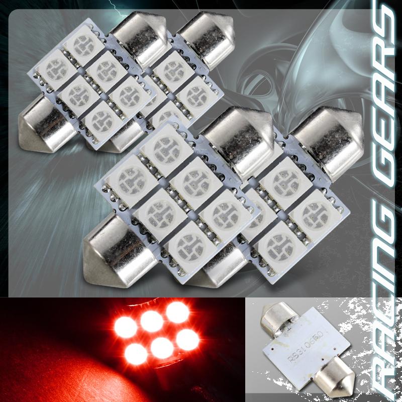 4x 31mm 1.25" red 6 smd led festoon replacement dome interior light lamp bulb