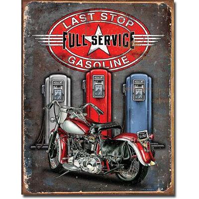 Legends last stop gasoline full service motorcycle bike tin sign