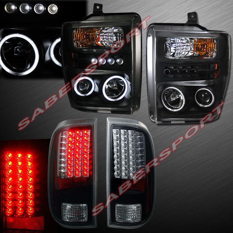 2008-2010 ford f250 f350 ccfl halo projector headlights black + led tail lights