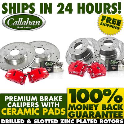 Front + rear premium brake calipers drilled rotors brake pads - left and right