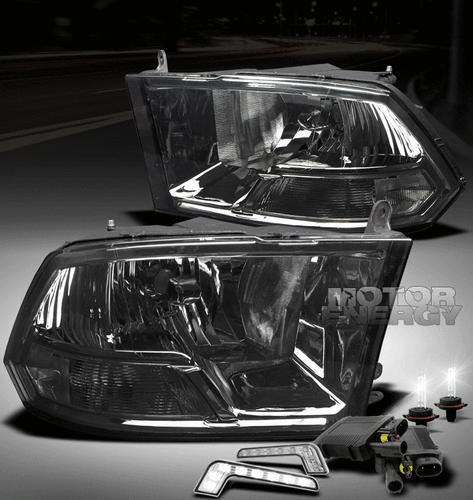 2009-2012 dodge ram pickup crystal smoke head lights+led drl+6000k hid 2010 2011