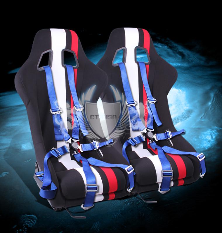 2x jdm black/white red stripe fabric sport racing bucket seats+6-pt blue camlock