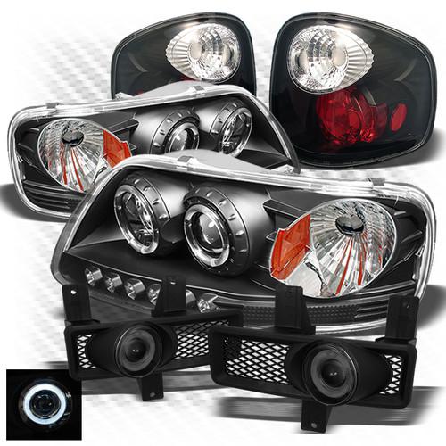 97-98 f150 flareside black 1pc headlights + tail lights + projector fog lights