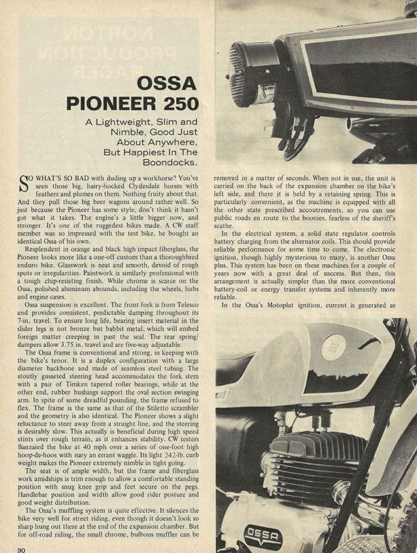 1969 ossa pioneer 250 motorcycle road test with dyno specs 4 pages