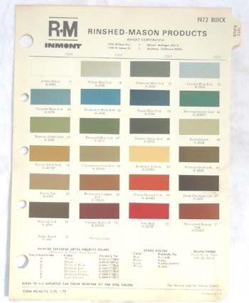 1972 buick  r-m  color paint chip chart all models original 