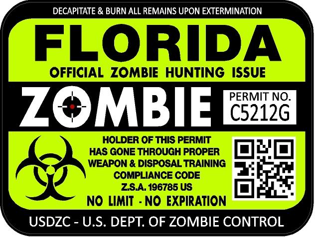Florida zombie hunting license permit 3"x4" decal sticker outbreak 1219