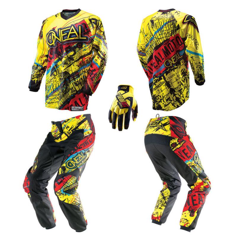 2014 oneal element acid yellow motocross mx dirtbike jersey pants gloves combo