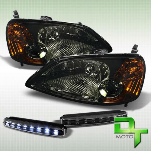 Drl led bumper fog+smoke 2001-2003 honda civic 2/4 door crystal headlights lamps