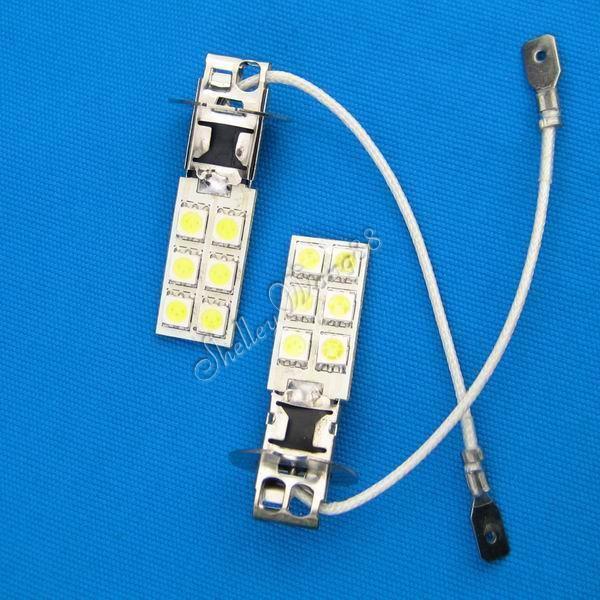 2x white 6500k h3 car auto 5050 12-smd leds fog light lamp bulb 12v