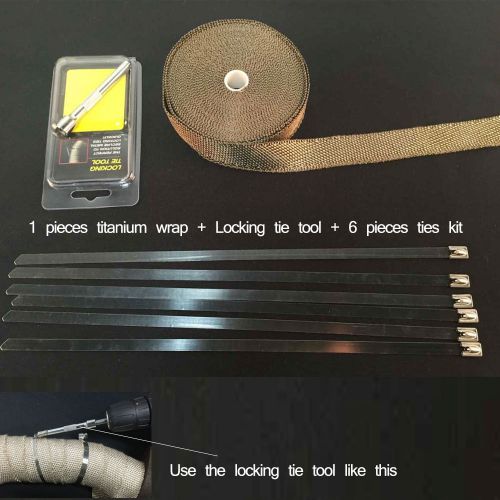 Titanium exhaust/header heat wrap, 1&#034;x50&#039;roll with stainless ties kit+tie tool w