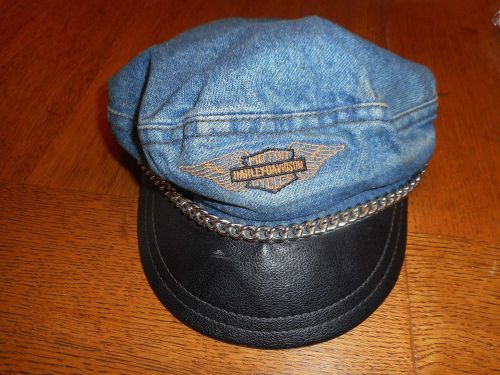 Vintage harley-davidson biker blues denim/jean captain&#039;s cap/hat small mint usa