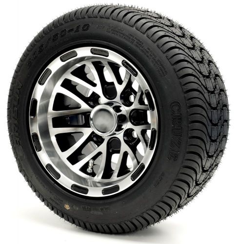 Golf cart 10&#034; mach/black &#034;talon&#034; wheels and 205/50-10 dot low profile tires (4)