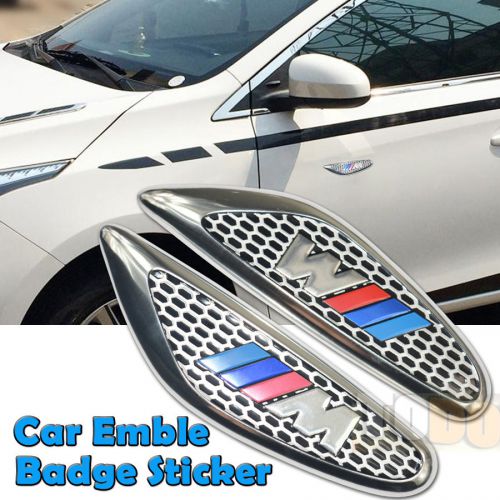 Pair m sticker logo aluminum chrome car side front emblem badge decal