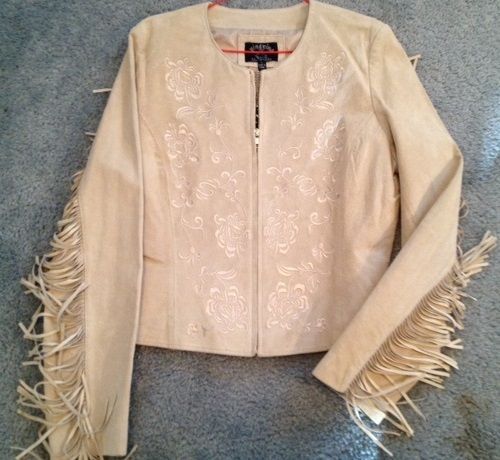 Ladies women&#039;s embroidered rose suede leather fringe jacket beige tan large l