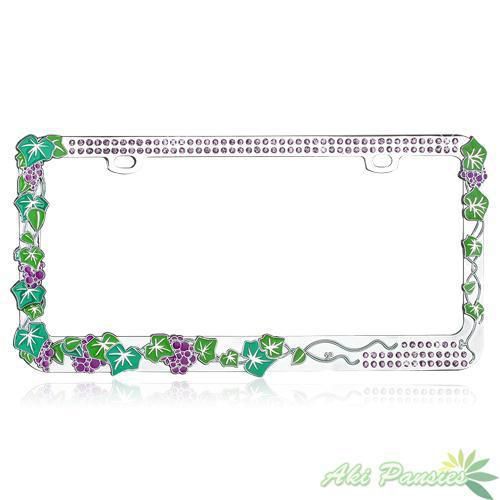 Grape vine with purple bling crystals design metal car license plate frame