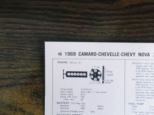 1969 chevrolet chevelle, nova &amp; camaro six 230 ci l6 tune up chart