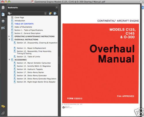 Continental c-125, c145, o-300 engine overhaul parts service operation manual cd