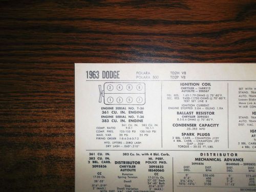 1963 dodge eight series polara &amp; polara 500 models 361 &amp; 383 v8 tune up chart