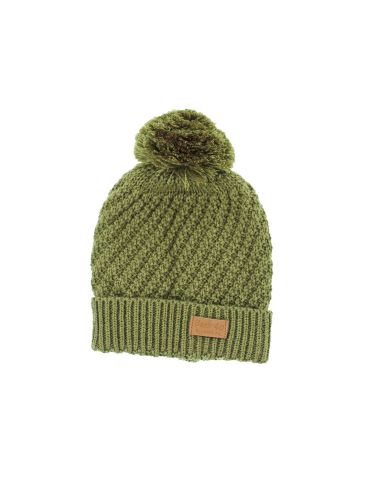 Cable pom pom cuffed beanie unisex olive thick &amp; warm knit winter hat by back 40