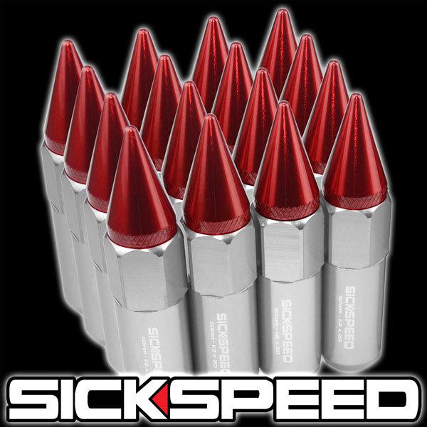 16 polished/red spiked 60mm aluminum extended tuner lug nuts wheel 1/2x20 a