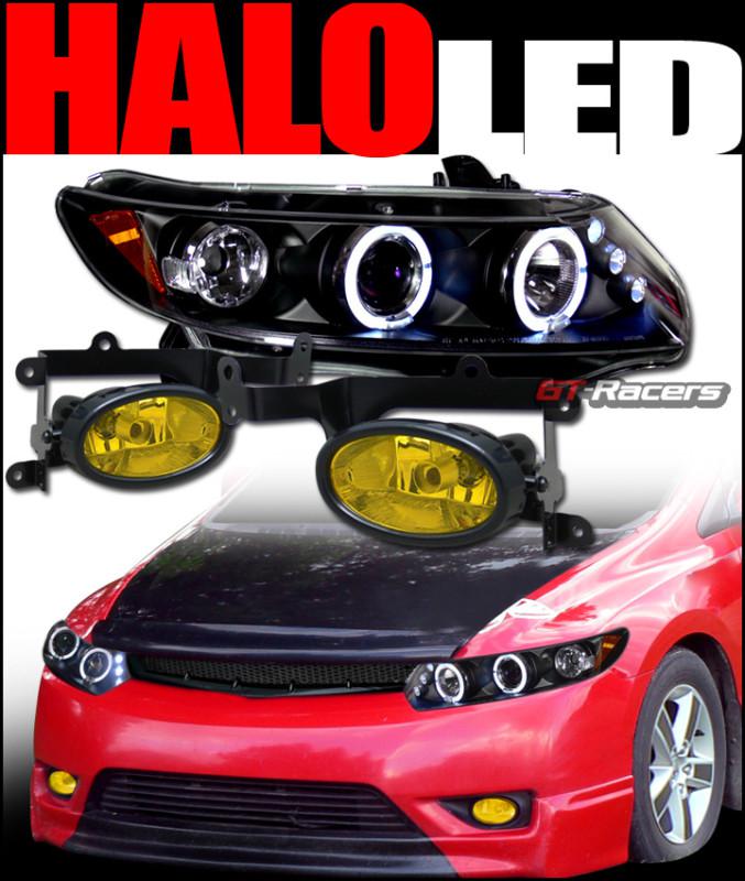 Blk halo led projector head lights signal+bumper fog yellow 2006-2008 civic 2dr