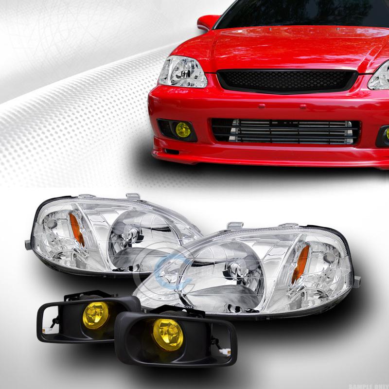 Chrome head lights signal amber dy+fog lamp w/switch yellow 99-00 honda civic ek