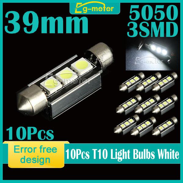 10x 39mm 3-smd 5050 white dome festoon canbus error free car 3-led light bulb