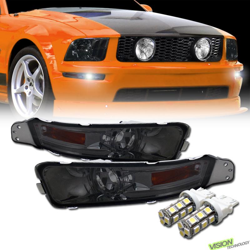 4p 05-09 mustang smoke front bumper signal/parking lights+white 18 smd led bulbs