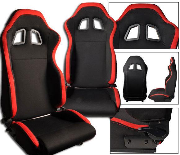 New 1 pair black & red cloth racing seats reclinable w/ slider for all ford *