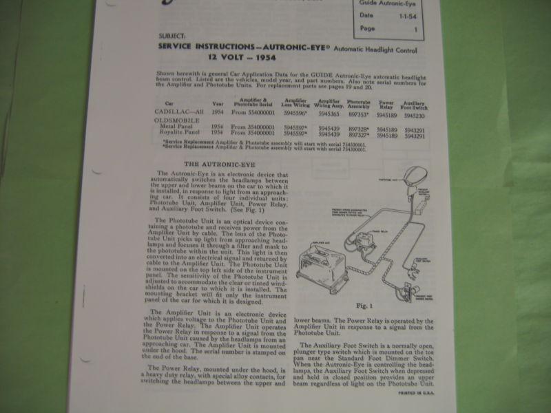 1954 cadillac-oldsmobile --service instructions--12 volt autronic-eye