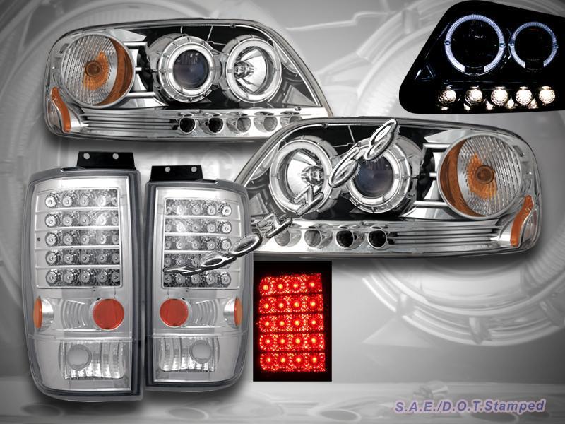 1997-02 ford expedition 2 halo projector headlights led + led tail lights chrome
