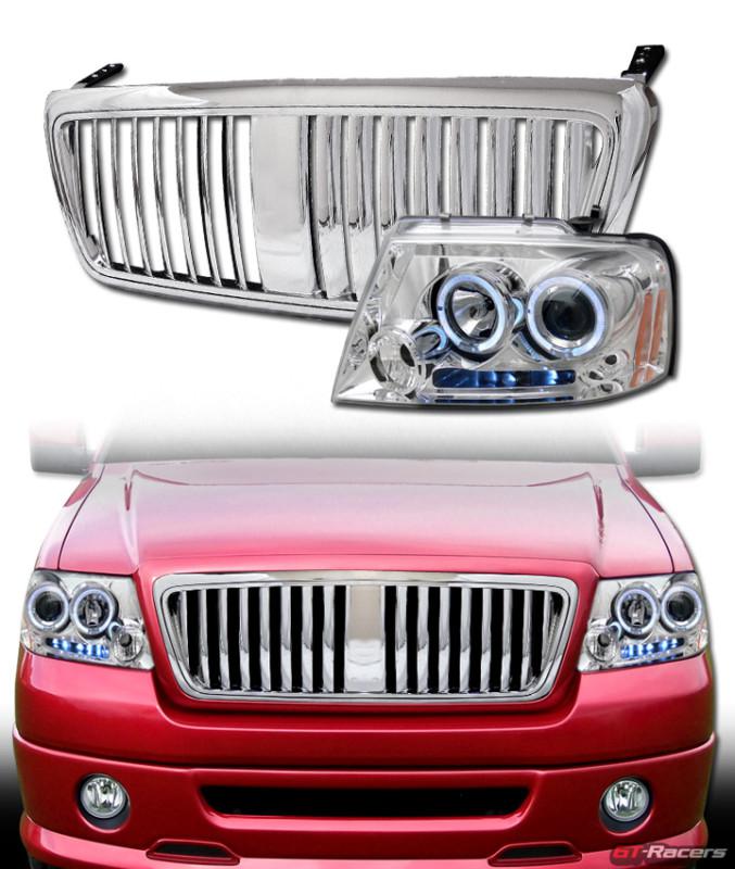 Chrome halo led projector head lights w/lincoln vertical grill grille 04-08 f150